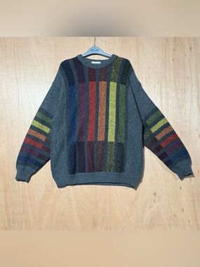 Leo Rosi Gray Crewneck Sweater with Multicolor Vertical Stripes